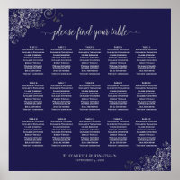 Silver on Navy Blue 15 Table Wedding Seating Chart