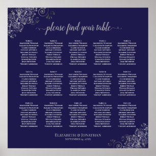 Affiche Silver on Navy Blue 15 Table Wedding Seating Chart