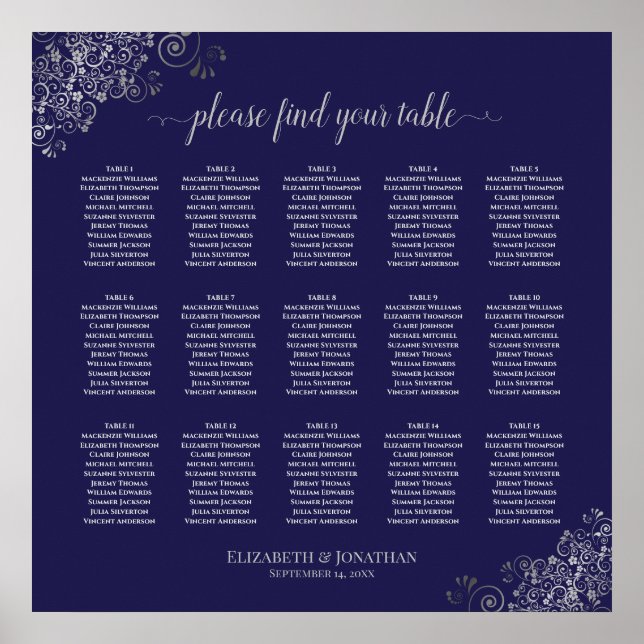 Affiche Silver on Navy Blue 15 Table Wedding Seating Chart (Devant)
