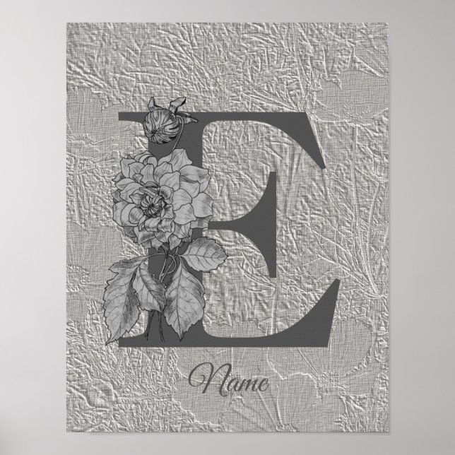 Affiche Silver Peony Elegant Monogramme Initial E Votre No (Devant)