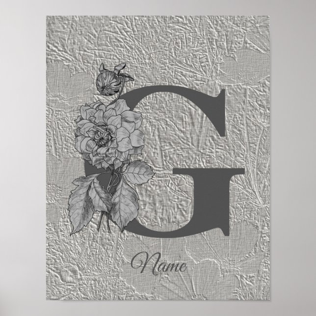 Affiche Silver Peony Elegant Monogramme Initial G Votre No (Devant)
