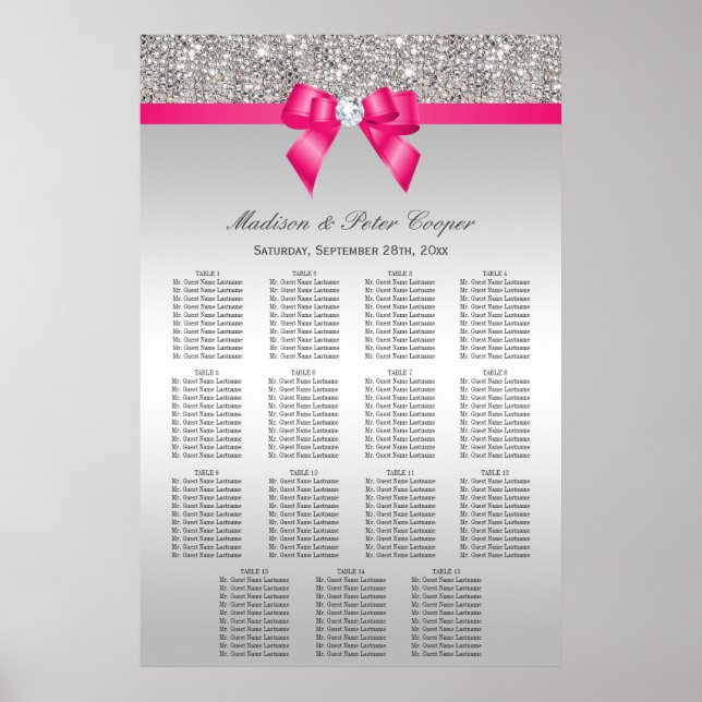 Affiche Silver Sequins Pink Bow Wedding Seating Chart (Devant)