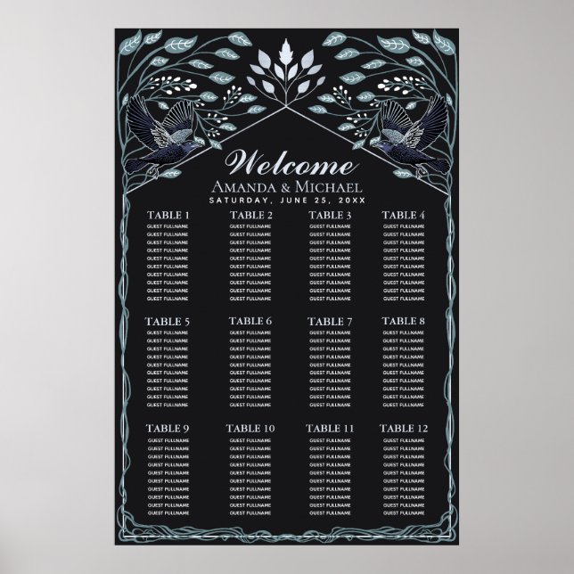 Affiche SilverEnchanted Gothic Raven Wedding Seating Chart (Devant)