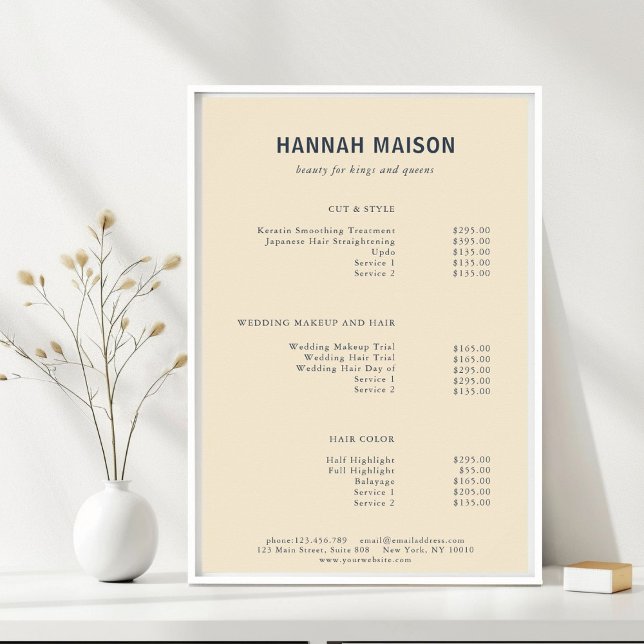 Affiche Simpel moderne, Professionnel, Salon, Tarifs Pos (Modern, Simple, Professional, Salon, Beige, Price List Poster, for Service Providers.)