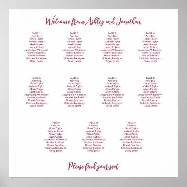 Affiche Simple 11 Table Magenta Red Seating Chart (Devant)