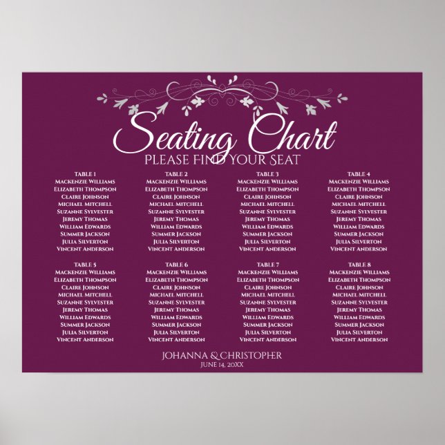 Affiche Simple 8 Table Cassis Purple Wedding Seating Chart (Devant)