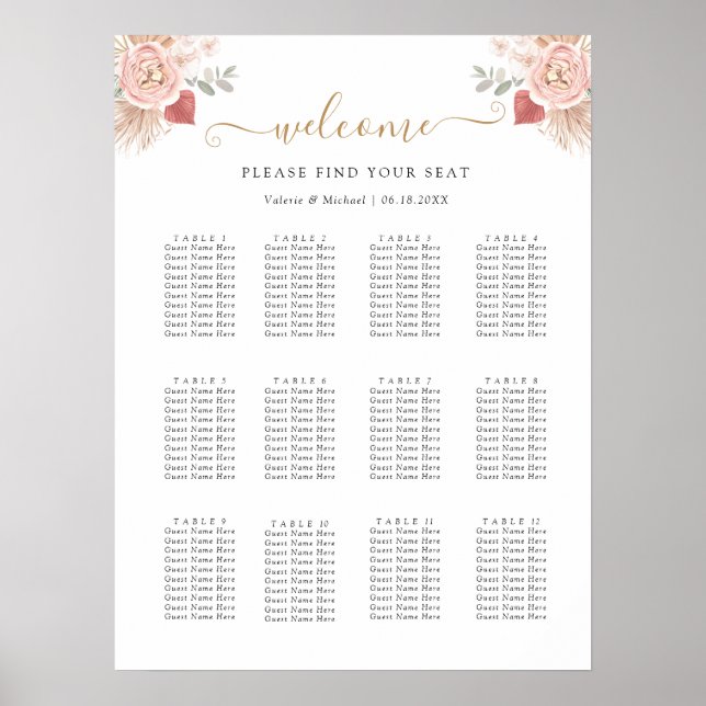 Affiche Simple Boho Florals Wedding Seating Chart (Devant)