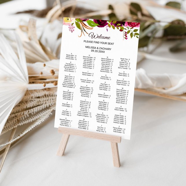 Affiche Simple Burgundy Floral Alphabetical Seating Chart (Créateur téléchargé)