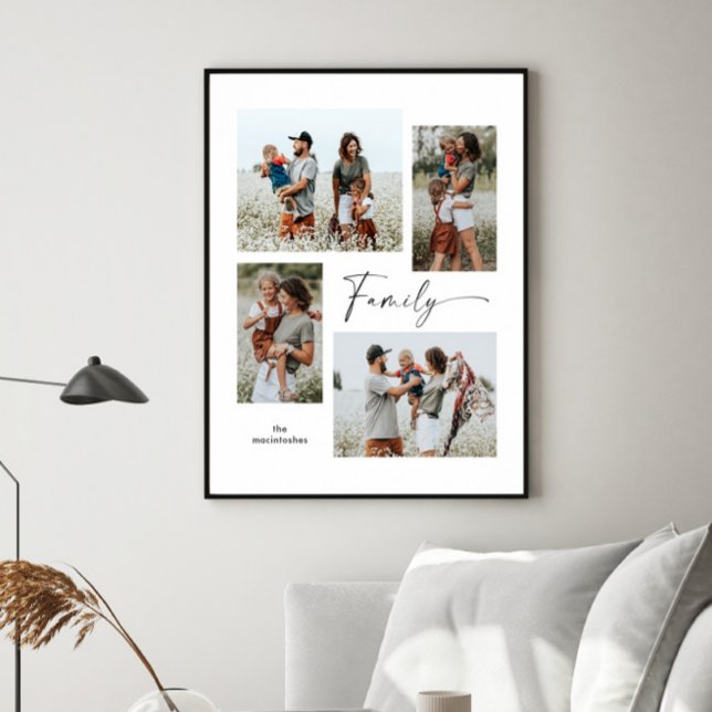 Affiche Simple Collage de Photos Famille Noir et Blanc (Simple black and white script family 4 photo collage print poster.)