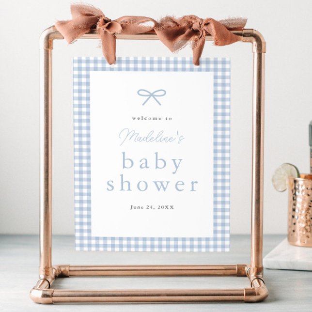 Affiche Simple Dusty Blue En vichy Boys Baby shower Bienve (Dusty blue bow gingham boys baby shower welcome sign.)