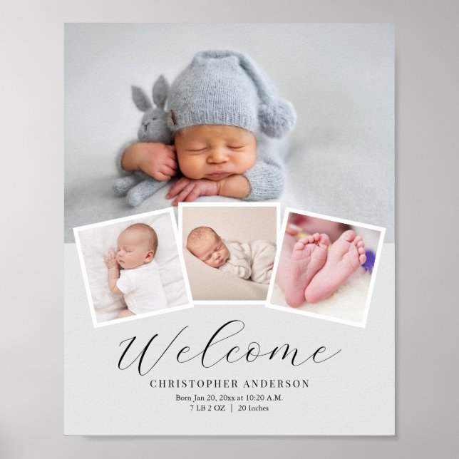 Affiche Simple Elegant Baby Boy Photo Date de naissance St (Devant)