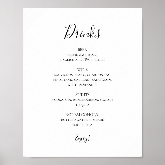 Affiche Simple Élégant Mariage Boissons Menu Signer (Devant)