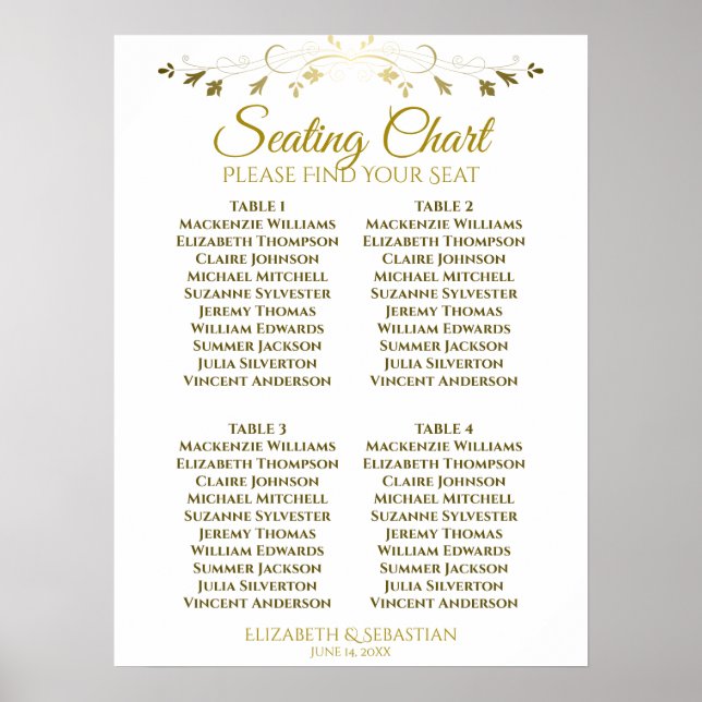 Affiche Simple Élégant Or 4 Table Mariage Plan de Table (Devant)