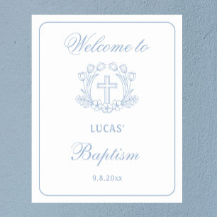 Affiche Simple Floral Croix Bleue Baptême Accueil