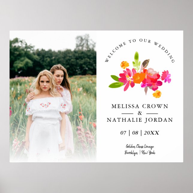 Affiche Simple Floral LGBT Engagé Couple Bienvenue Invités (Devant)