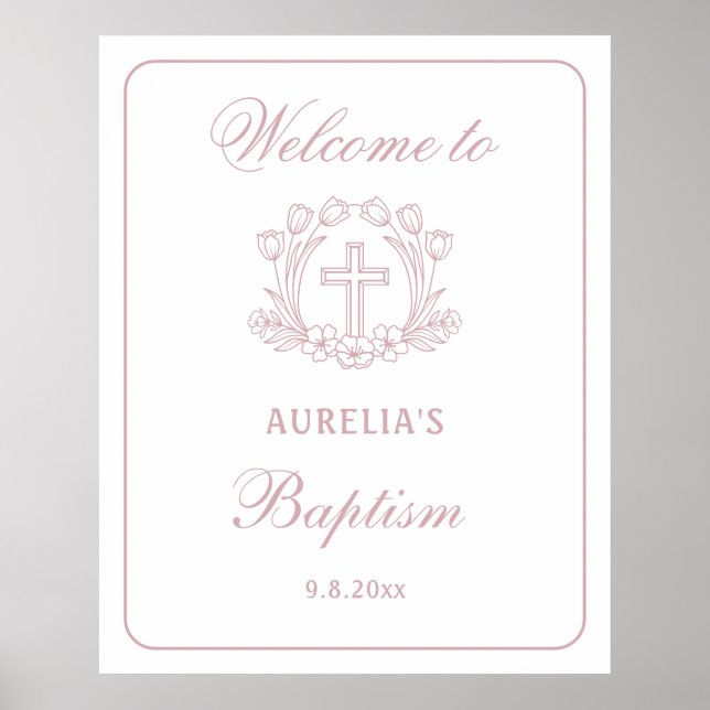 Affiche Simple Floral Pink Cross Baptism Bienvenue (Devant)