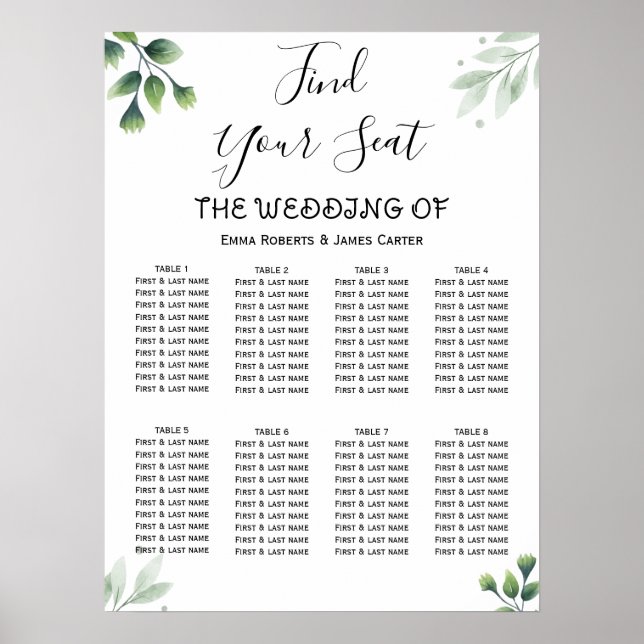 Affiche Simple Greenery Elegant Wedding Seating Chart (Devant)