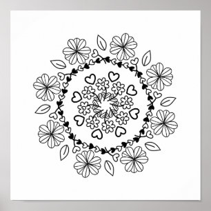 Affiche Simple mandala floral noir sur fond blanc