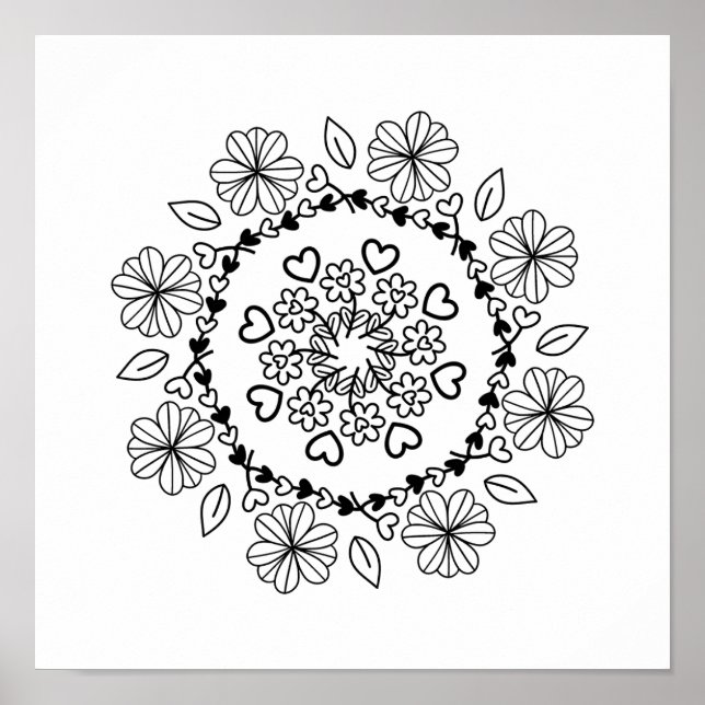 Affiche Simple mandala floral noir sur fond blanc (Devant)