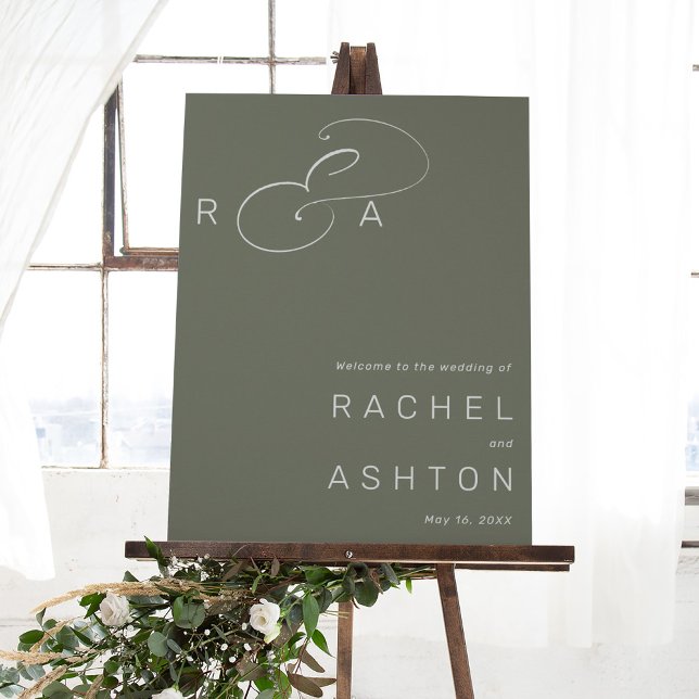 Affiche Simple Mariage Monogramme Bienvenue Sage vert Sign (Créateur téléchargé)