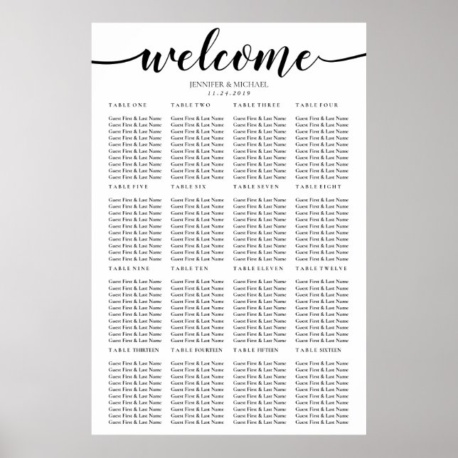 Affiche Simple Mariage Seize Table de Bienvenue Placement (Devant)