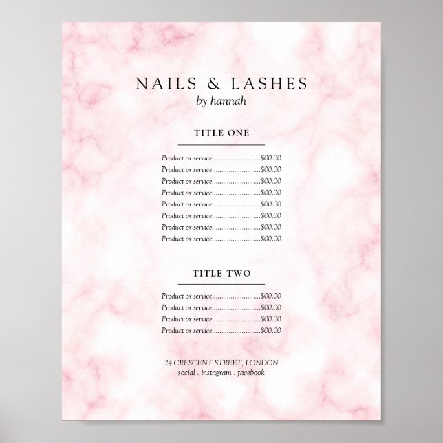 Affiche Simple Menu Prix Marbre Or Rose  (Devant)