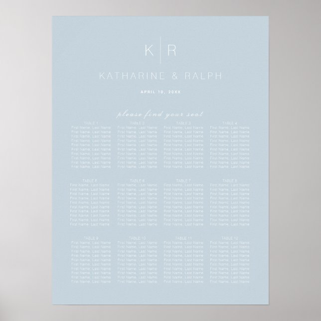Affiche Simple Modern Dusty Blue Wedding Seating Chart (Devant)