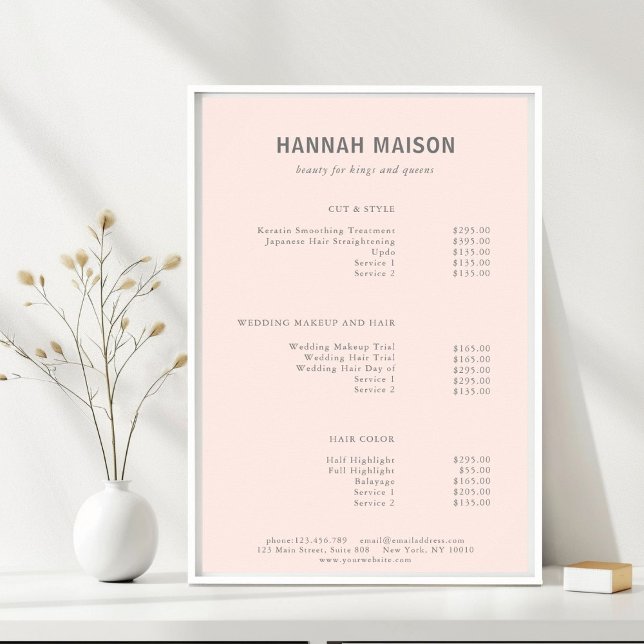 Affiche Simple moderne, Professionnel, Salon, Tarifs (Modern, Simple, Professional, Salon, Light-Pink & Gray, Price List Poster, for Service Providers.)