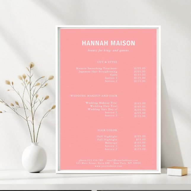 Affiche Simple moderne, Professionnel, Salon, Tarifs (Modern, Simple, Professional, Salon, Pink & White, Price List Poster, for Service Providers.)