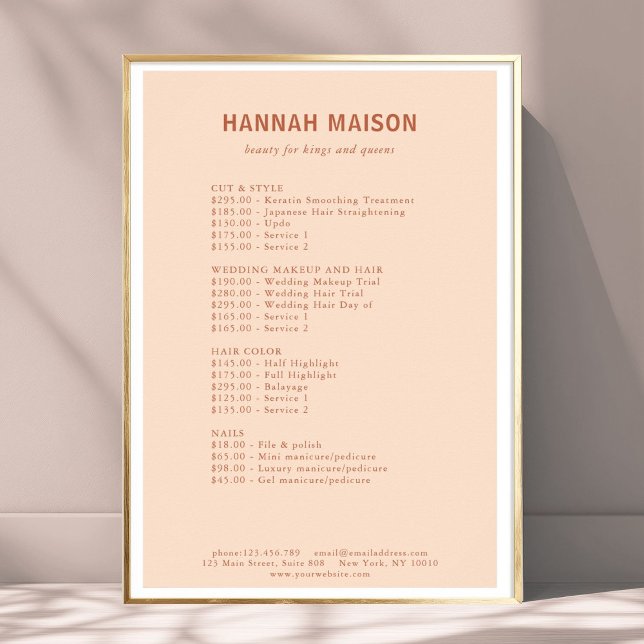 Affiche Simple moderne, Professionnel, Salon, Tarifs (Modern Simpel, Professional, Peach  & Orange-Brown, Salon, Price List Poster)