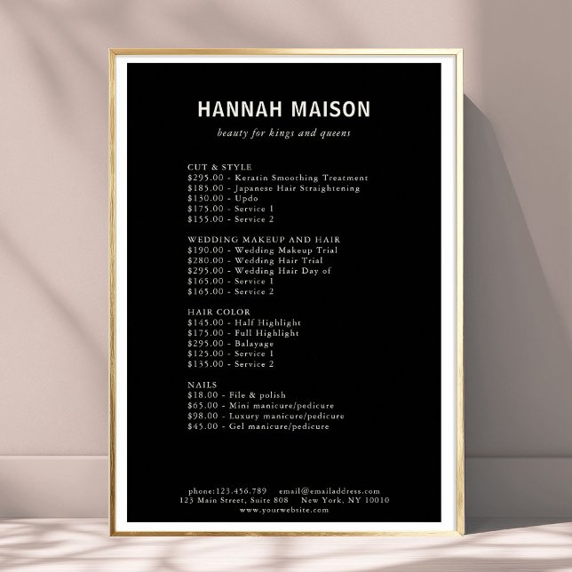 Affiche Simple moderne, Professionnel, Salon, Tarifs (Modern Simpel, Professional, Black & Beige, Salon, Price List Poster)