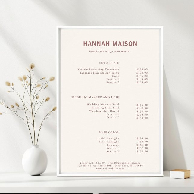 Affiche Simple moderne, Professionnel, Salon, Tarifs (Modern, Simple, Professional, Salon, Price List Poster, Beige & Brown for Service Providers.)