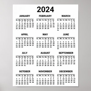 Affiche Simple Noir & Blanc 2024 Année en bref Calendrier