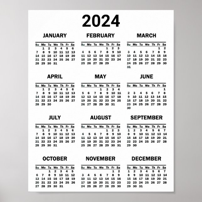 Affiche Simple Noir & Blanc 2024 Année en bref Calendrier (Devant)