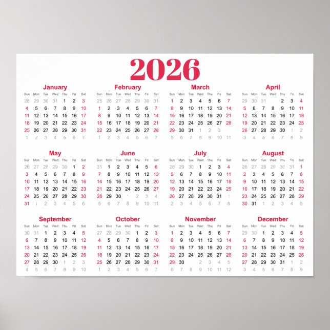 Affiche Simple red and White 2026 Calendar (Devant)