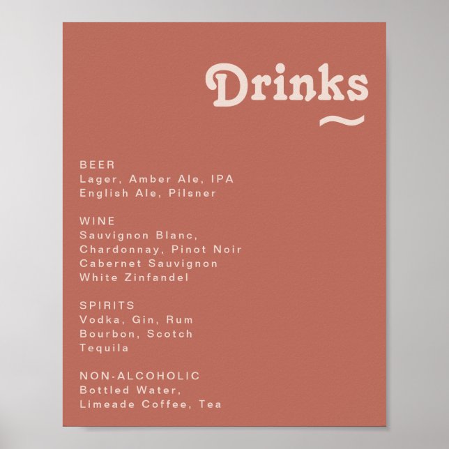 Affiche Simple Retro | Old Rose Wedding Drinks Menu Sign (Devant)