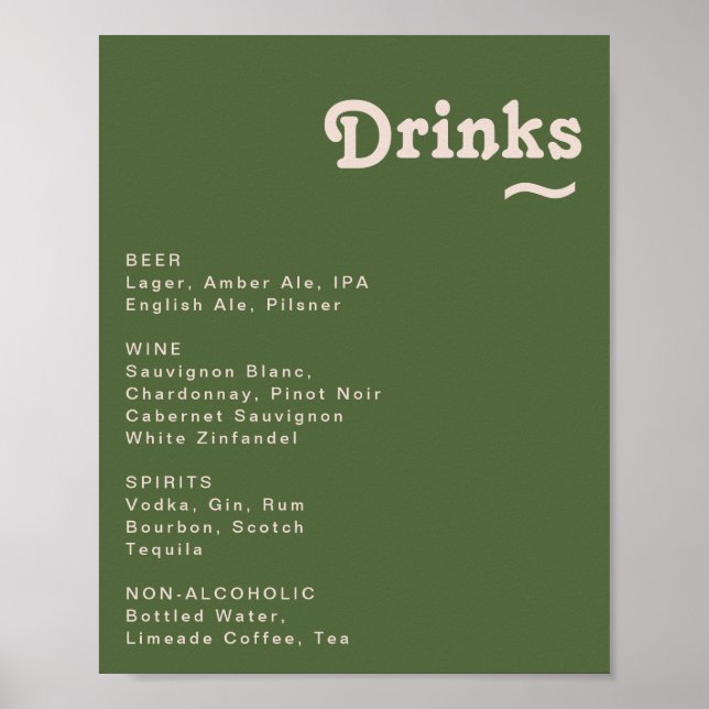 Affiche Simple Retro Olive Green Mariage Boissons Menu Sig (Devant)