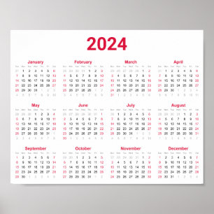 Affiche Simple Rouge & Blanc 2024 Année En Aperçu Calendri