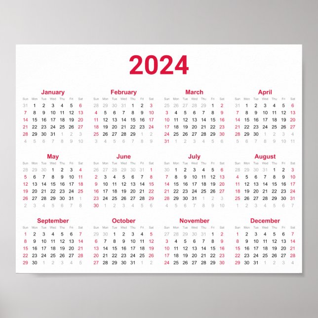 Affiche Simple Rouge & Blanc 2024 Année En Aperçu Calendri (Devant)