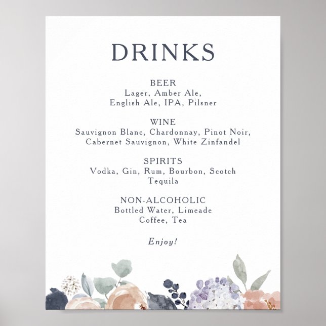 Affiche Simple Rustique Mariage Floral Boissons Menu Signe (Devant)