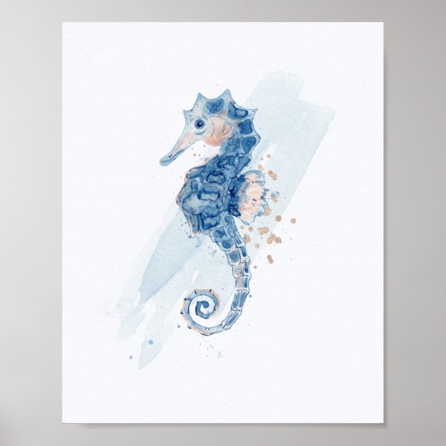 Affiche Simple Seahorse bleu & or aquarelle Aquatique (Devant)