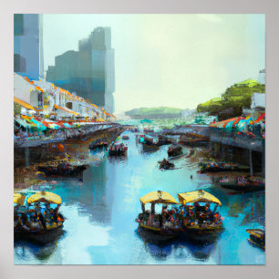 Affiche Singapore River Avec Bum Boats - Art en toile