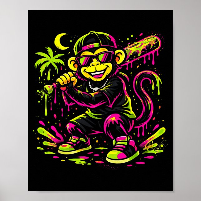 Affiche Singe Animaux Drôles Baseball Drip Enfants Jeunes  (Devant)