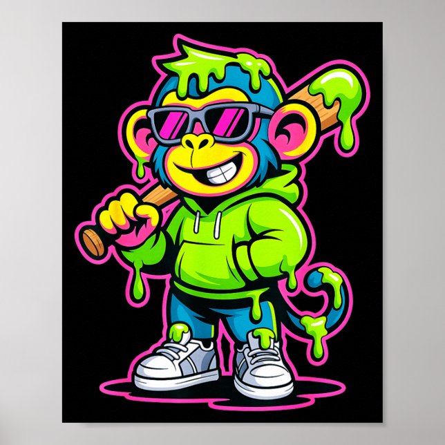 Affiche Singe Animaux Drôles Baseball Drip Enfants Jeunes  (Devant)