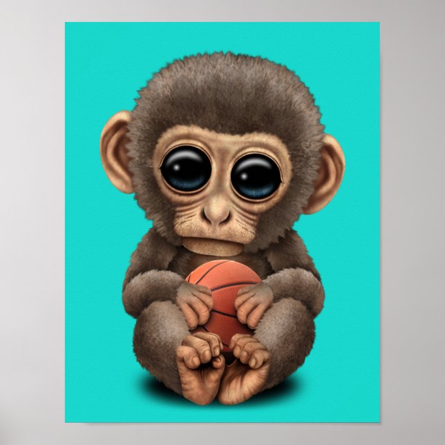Affiche Singe Bébé Mignonne Jouant Avec Basket-Ball (Devant)