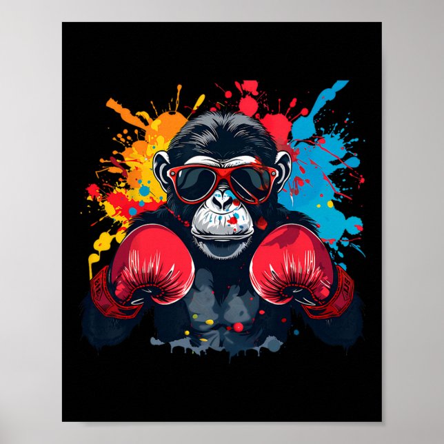 Affiche Singe boxeur avec gants de boxe Kickboxing Drôle B (Devant)