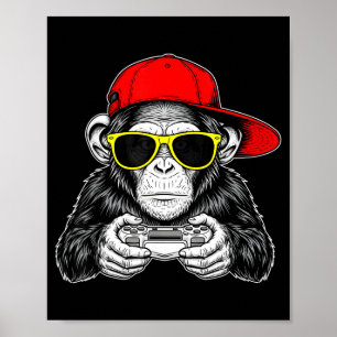 Affiche Singe de gamer cool avec manette vidéo de jeu drôl