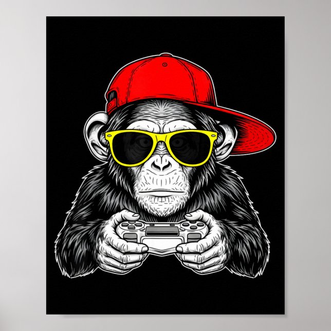 Affiche Singe de gamer cool avec manette vidéo de jeu drôl (Devant)