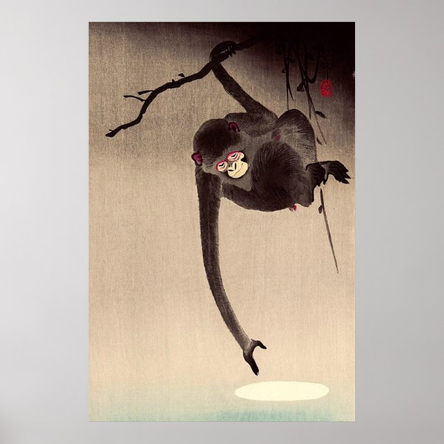 Affiche Singe et Lune Ohara Koson Début du XXe siècle (Devant)