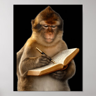 Affiche Singe lisant un livre écrivant dans un journal ama